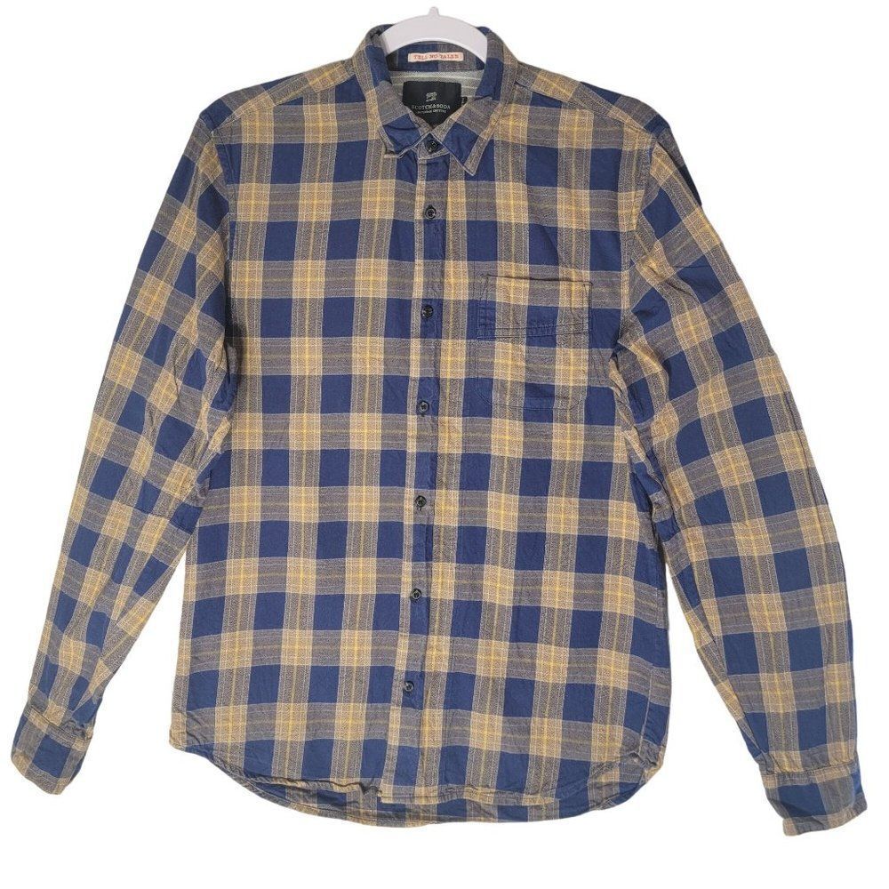 Scotch and Soda Flannel‎ Button Down Shirt Mens S Long Sleeve Blue Gold Plaid